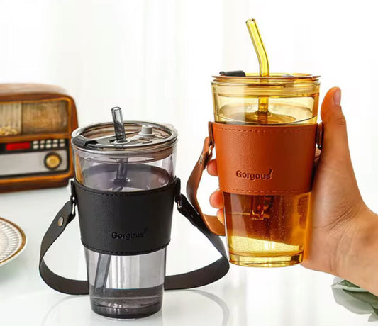 Leather Glass Mug Strap  With Straw (450 Ml)